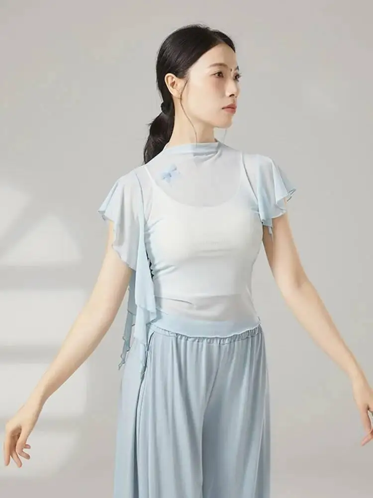 솔리드 컬러 슬림 피트 프릴 슬리브 메쉬 탑 여성용 현대 무용 의상 재즈 현대 무대 공연 연습 셔츠