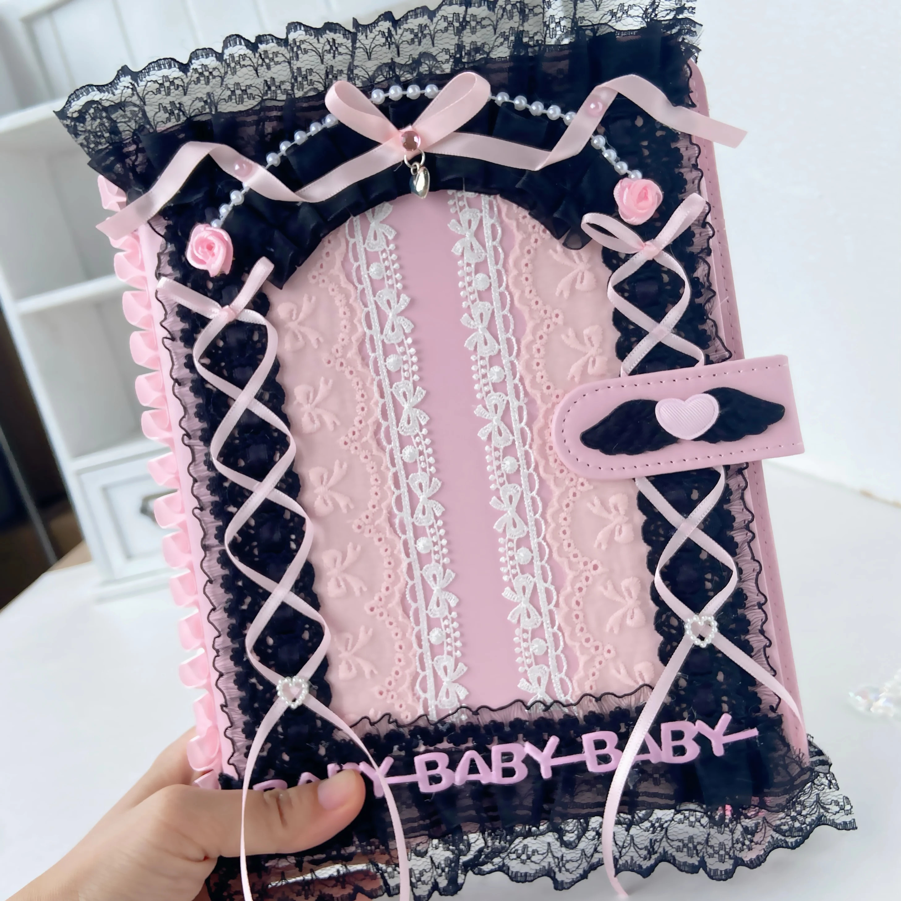 Black Lace Pink Style A5 Binder Star Chasing Cool Cute Baby Handmade Kpop Photocard Album Postcards Storage Album Ring Binder