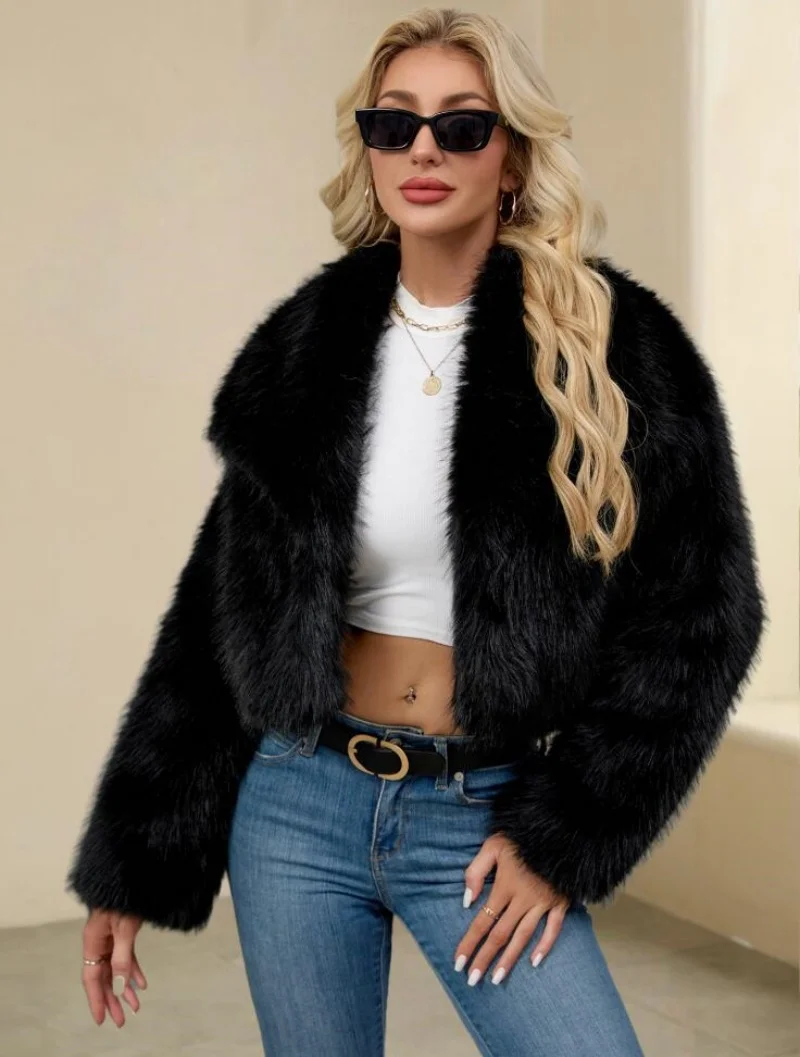 

2025 Fashion Shawl Collar Faux Fox Fur Coat Women Winter Cool Girls Black Short Fur Jacket Vintage Chic Overcoat