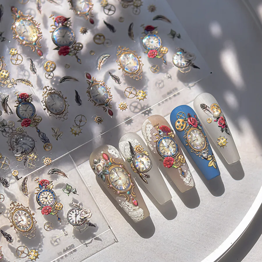 5D Jelly Nail Sticker Vintage Clock Watch Gear Key Feather Flower Pattern Self-adhesive Nail Decoration Sticker Accessories DIY