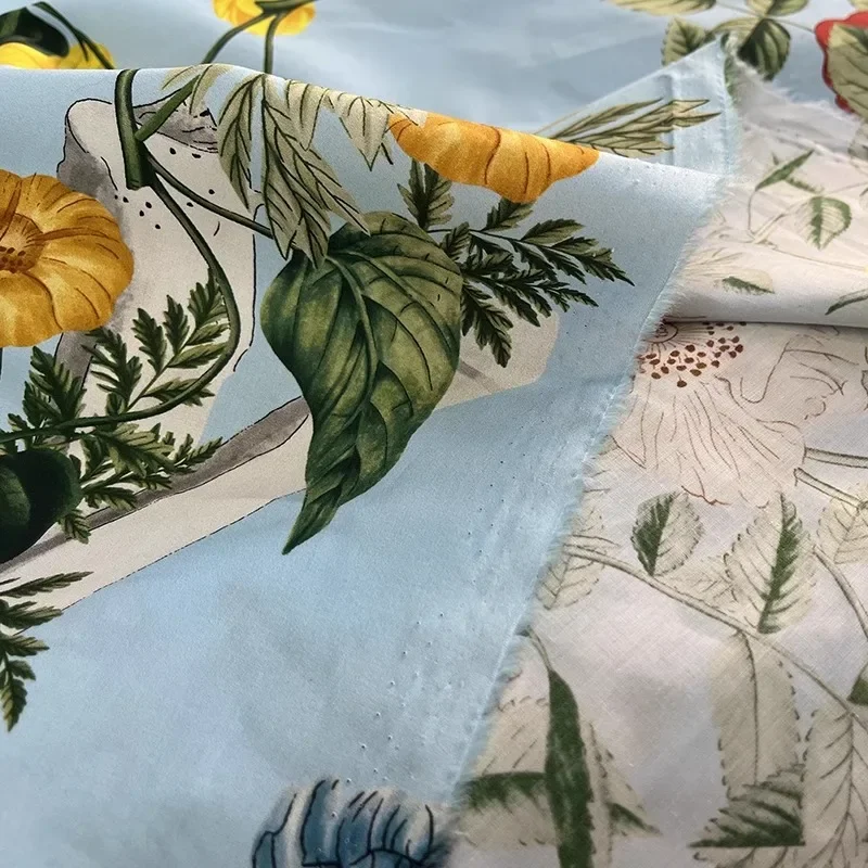 Brand Blue and White Plant Flower Digital Printing Simulation Silk twill Cotton Fabric High Quality Clothing Dress DIY Fabric