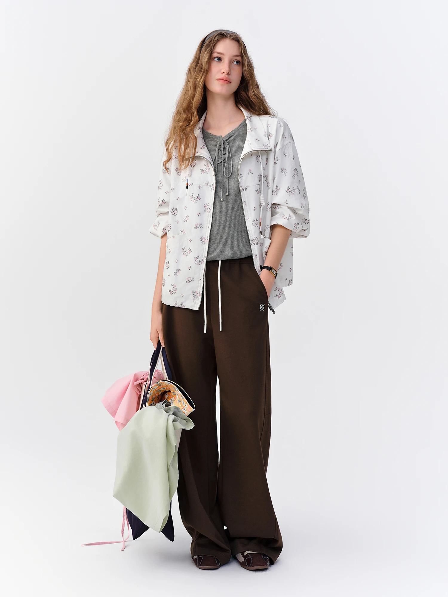 DUSHU 2026 Autumn New Women's Color-Block Drawstring Wide-Leg Pants Slimming Straight-Leg Trousers Available in Multiple Sizes