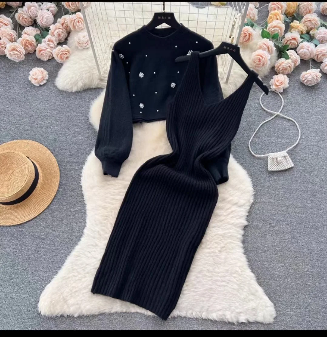 New Elegant Knitted Two Piece Sets for Women Autumn Winter Beading Lartern Sleeve Pullover Sweater Top + Sling Dresses Suits