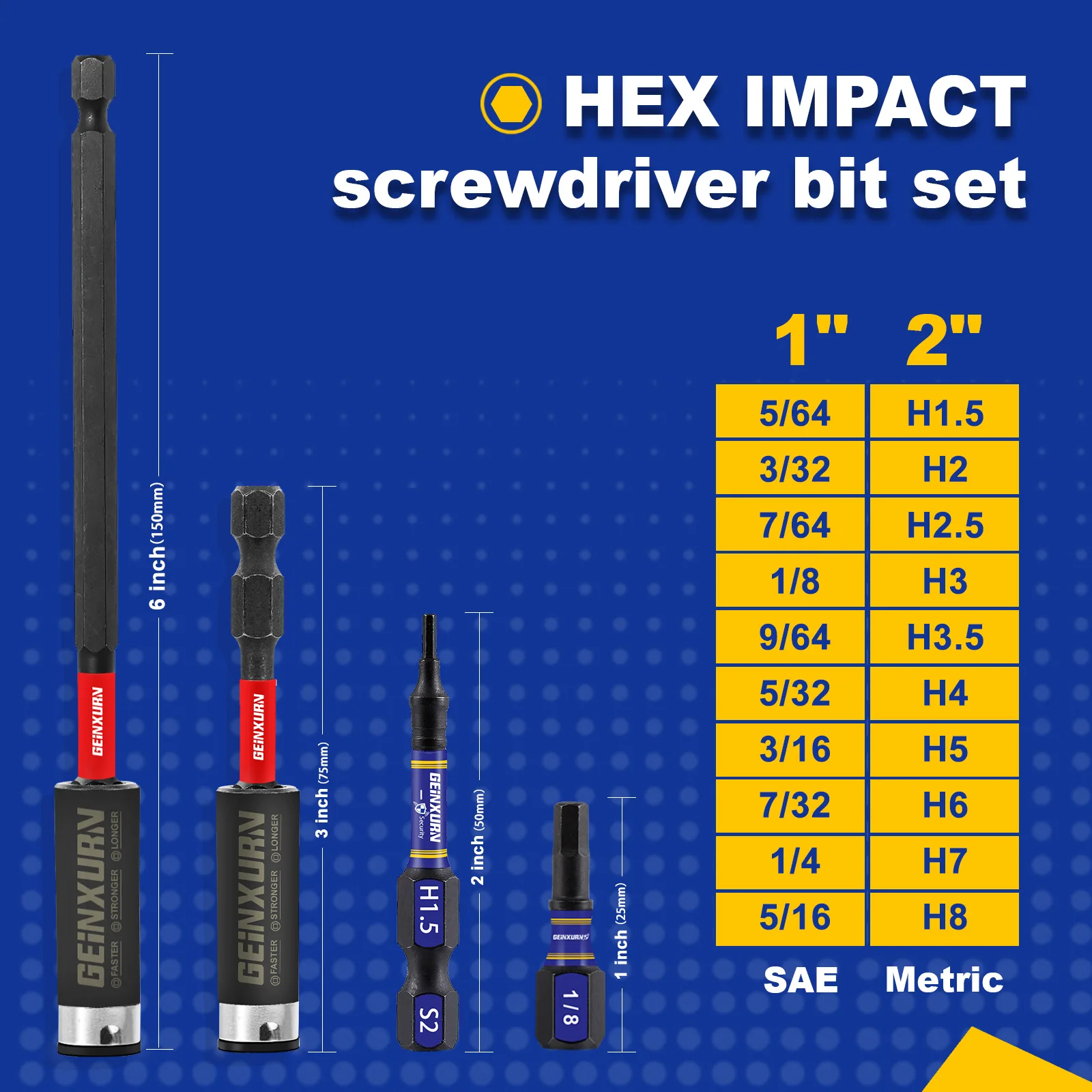 GEINXURN  (Metric&SAE)1 In./2 In. Mixed Hex Head Power Bits Set, S2 Steel Hex Screwdriver Bit set with Extension Bit Holder