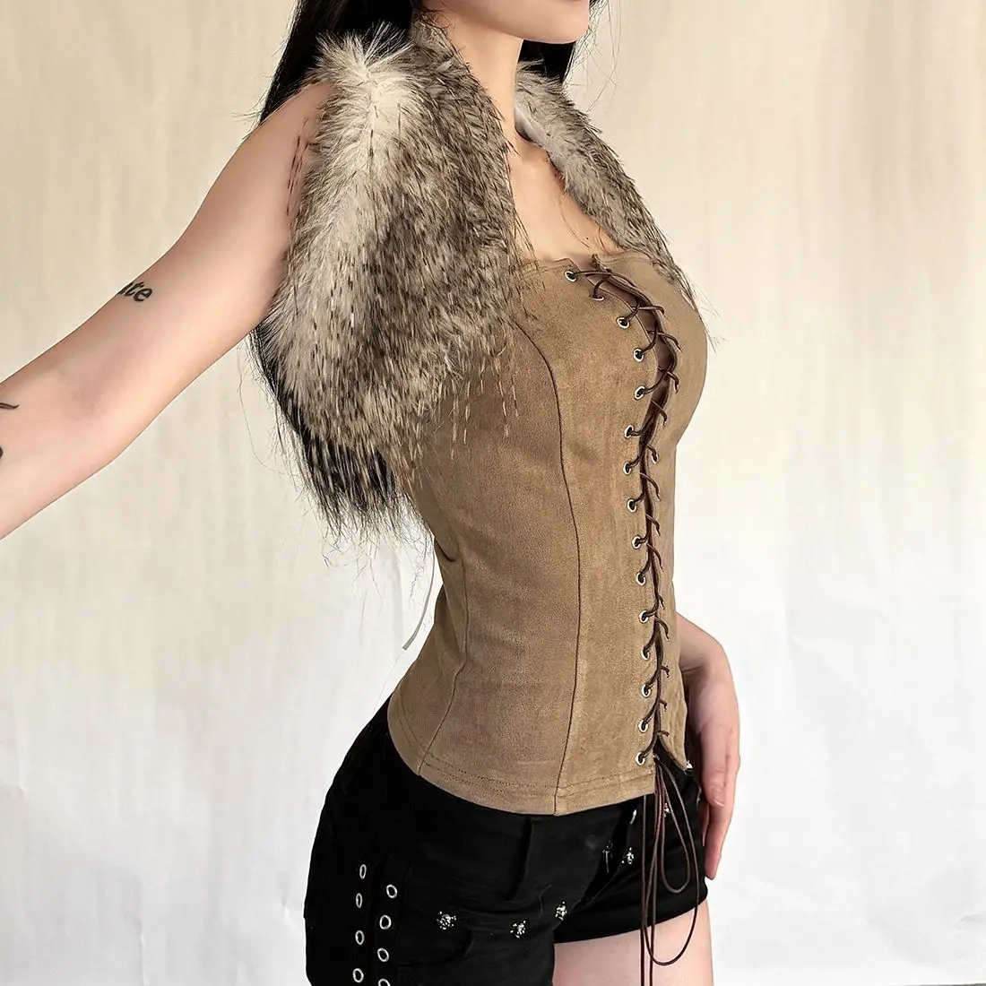 Retro Distressed Style Fashion Hollow Out Tie Front Design Fuzzy Halter Strappy Cami Top for Women