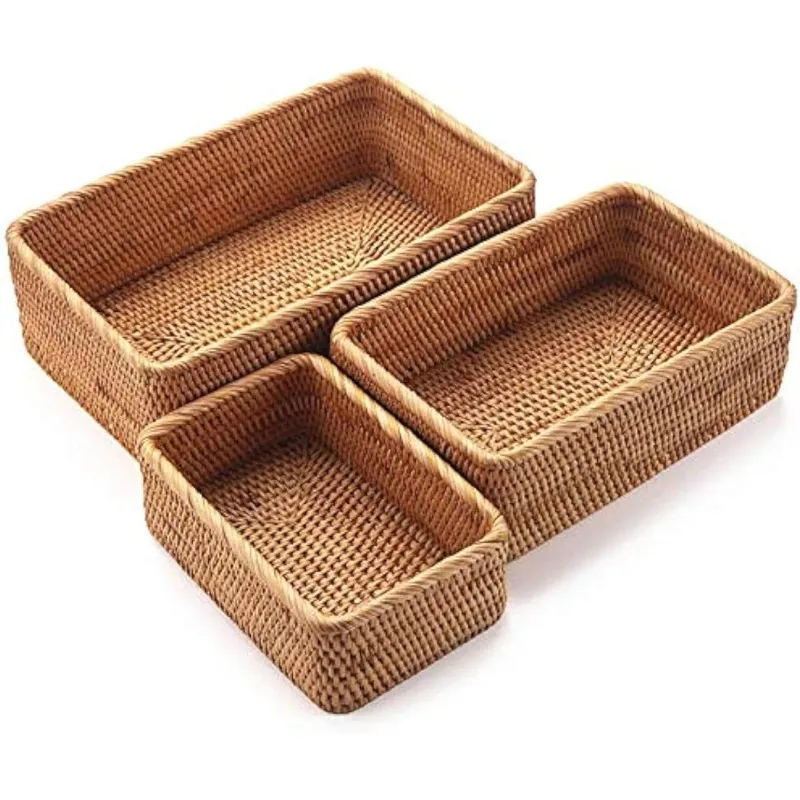 Natural Rattan Storage Baskets, Rectangular Woven Fruit Baskets, Wicker Decoration and Organizer for Bathroom, Living Room