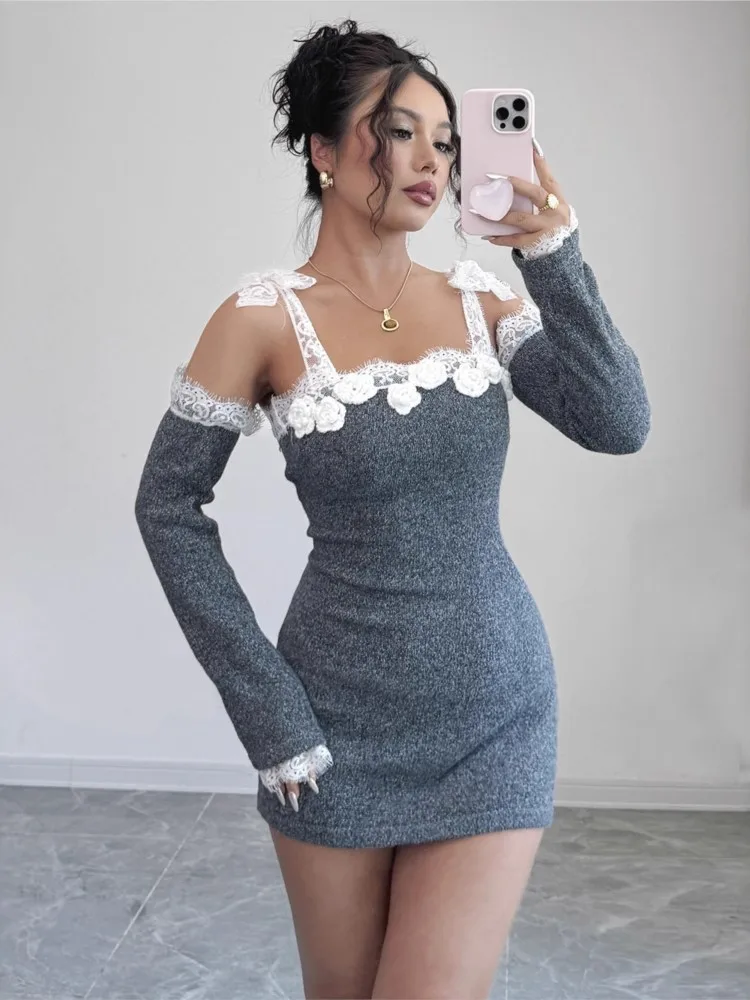 

Lace Skirt Hand Hooks Cross-border One-shoulder Dress Hand-sleeved Split Knitted Vestidos Trendy Commuting Casual Simple Style