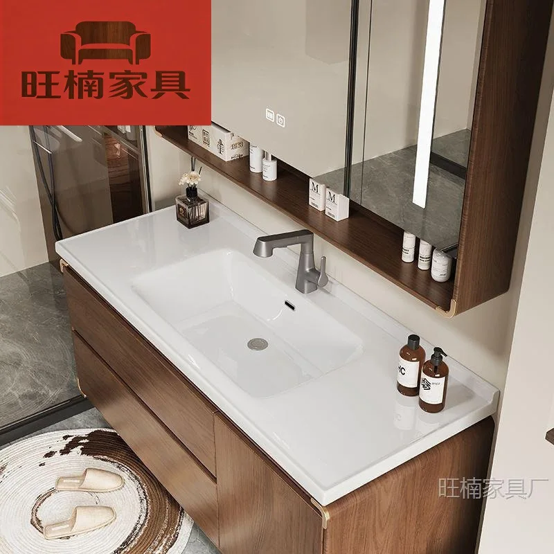 Oak Simple Modern Smart Bathroom Cabinet Mirror Cabinet Combination Paint Solid Wood New Chinese Bathroom Washstand Ceramic