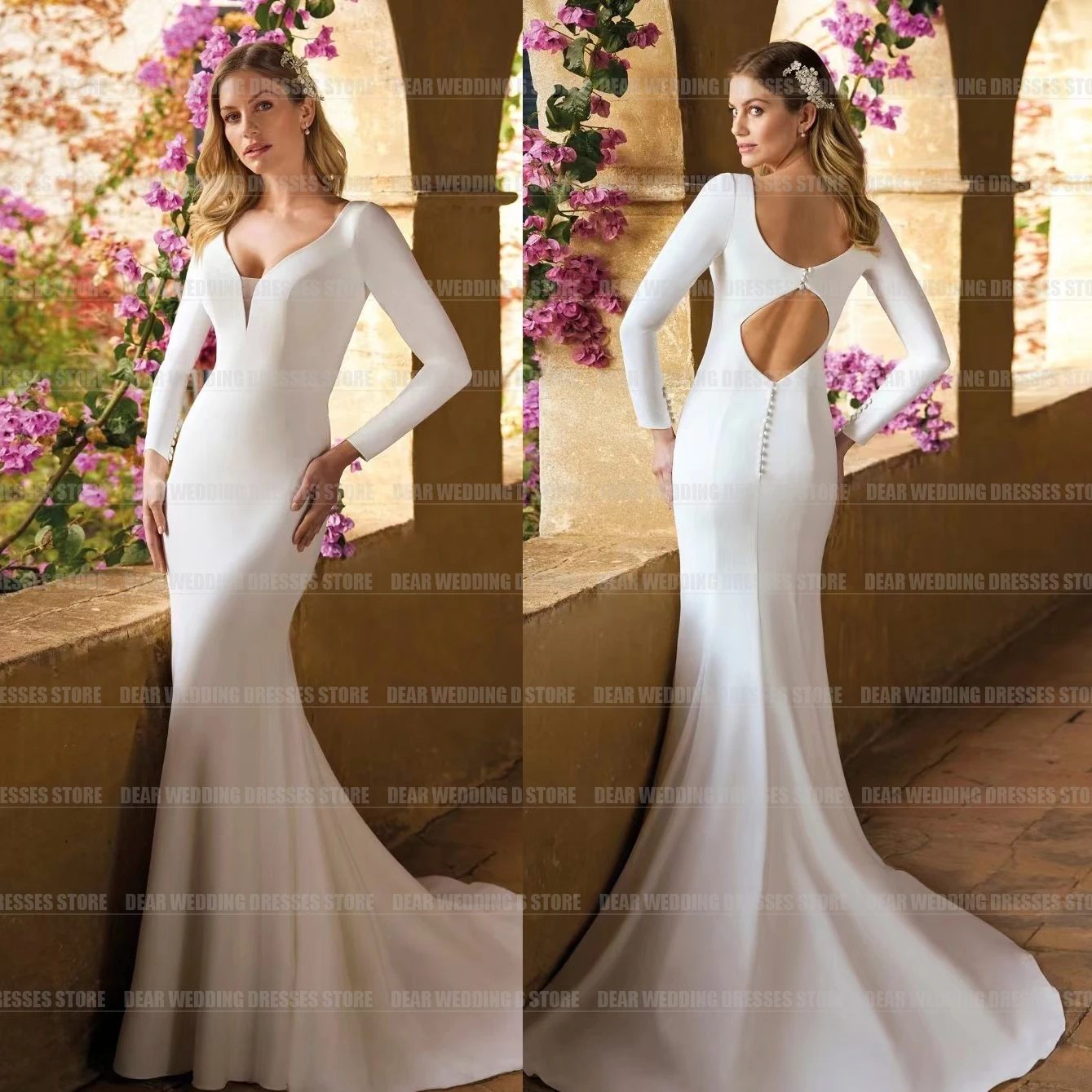 Gorgeous Simple Women's Wedding Dresses Mermaid Sexy V Neck Satin Cut Out Backless Formal Bride Gowns Sweep Train Party Muslim