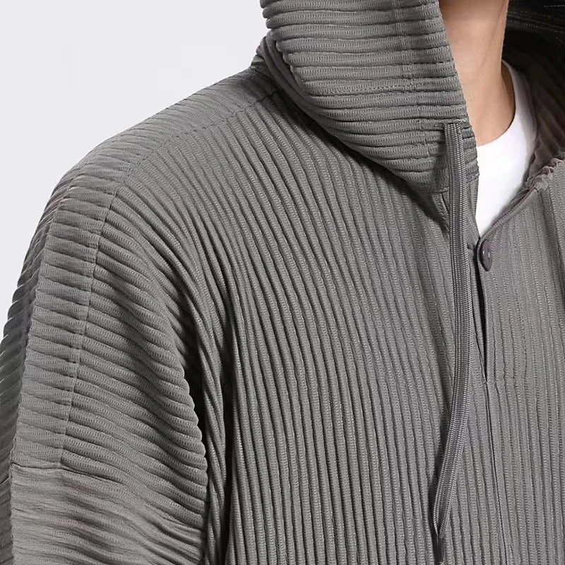 Miyake 2025 Classic New Hooded Sweater Pleated Fashion Loose Casual Pleated Simple Drawstring Pullover Hoodie Pleats Men's
