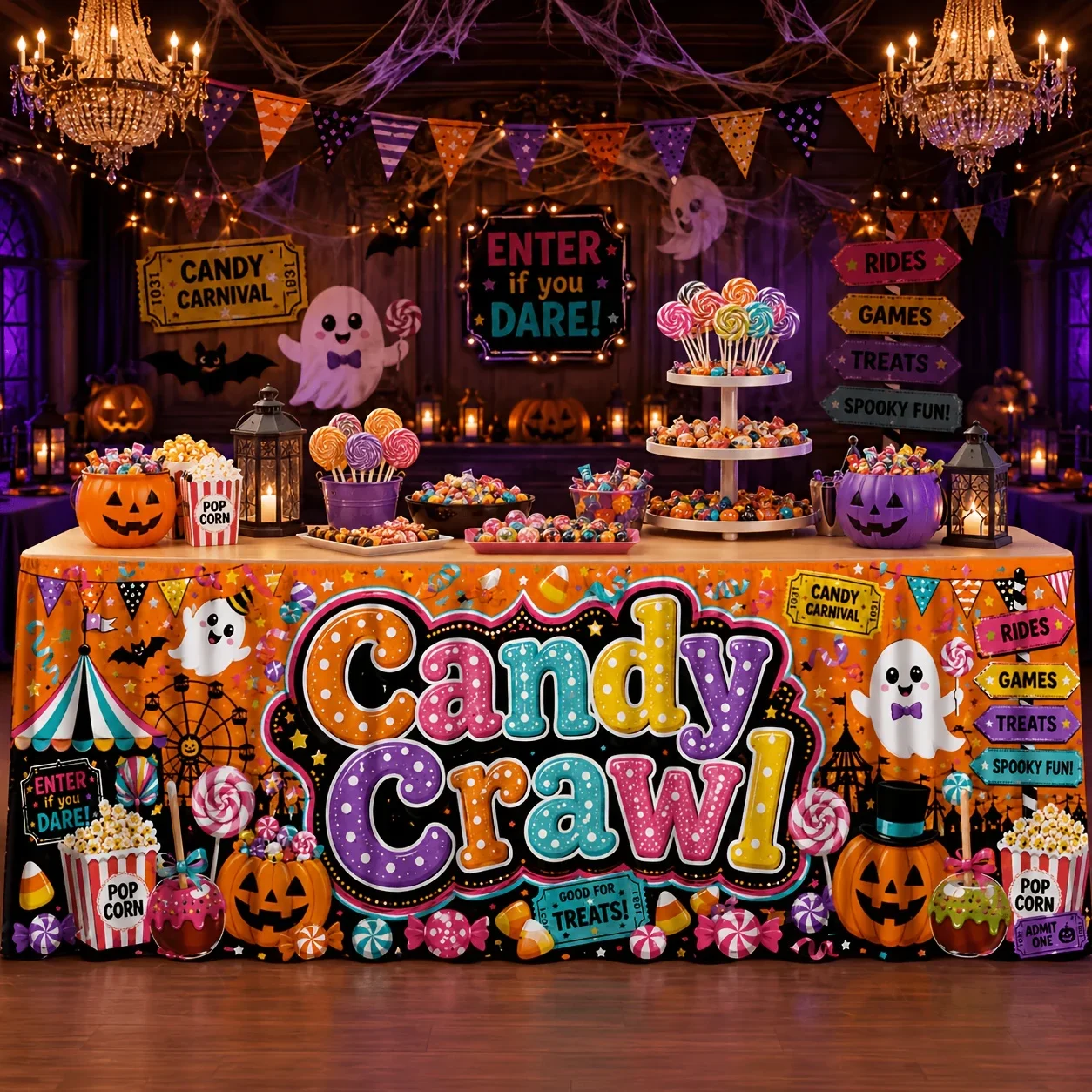 Halloween candy crawl printed polyester tablecloth, suitable for carnival parties, horror gatherings, and home officesxzj
