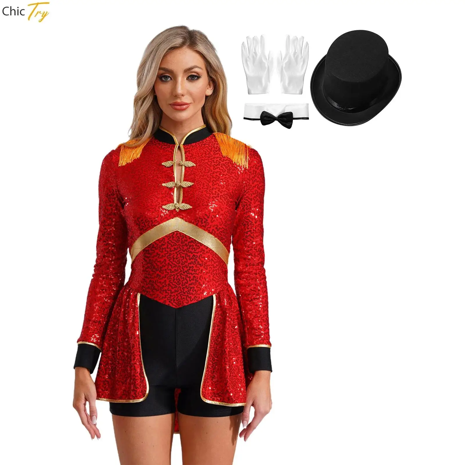 Womens Circus Ringmaster Costume Jumpsuit Sequins Swallow-Tailed Leotard Halloween Director Magician Cosplay Fancy Dress Up