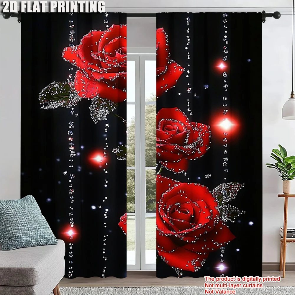 

2Pcs Fashion Romantic Star Rose Flower Pattern Curtain Home Decoration Rod Pocket Design For Easy Installation Digital Printed