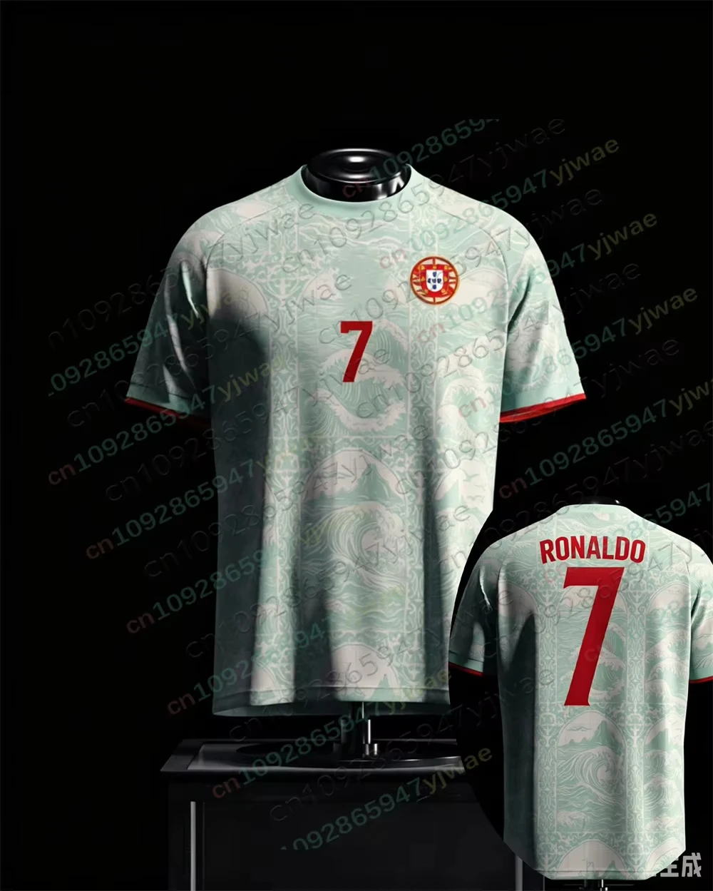 Summer Unisex Portugal Soccer Jersey Mint Wave Print Front No.7 Back Digit Red Cuffs Crest 2026 Crest Fan Football Shirt