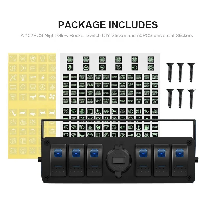 Imagem -03 - Gang Rocker Switch Box 12v Spst On-off Interruptor qc 3.0 Usb Carregador Voltímetro de Alumínio Interruptor de Balancim Painel Noite Brilho Adesivos 6