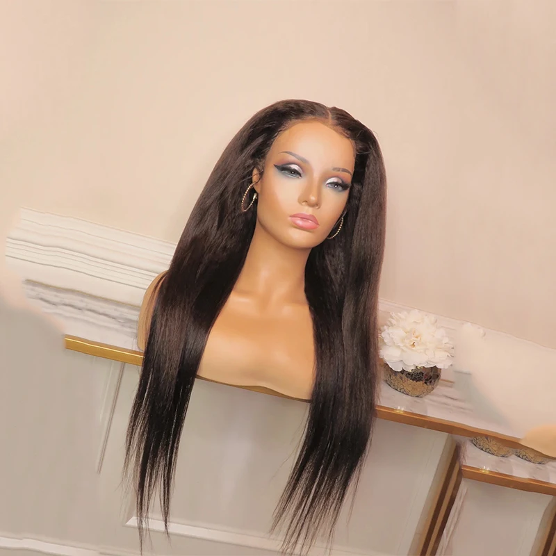 

Soft Natural Black 30Inch Kinky Straight Lace Front Wig With Mached All Skins With Baby Hair Synthetic Preplucked Glueless Daily