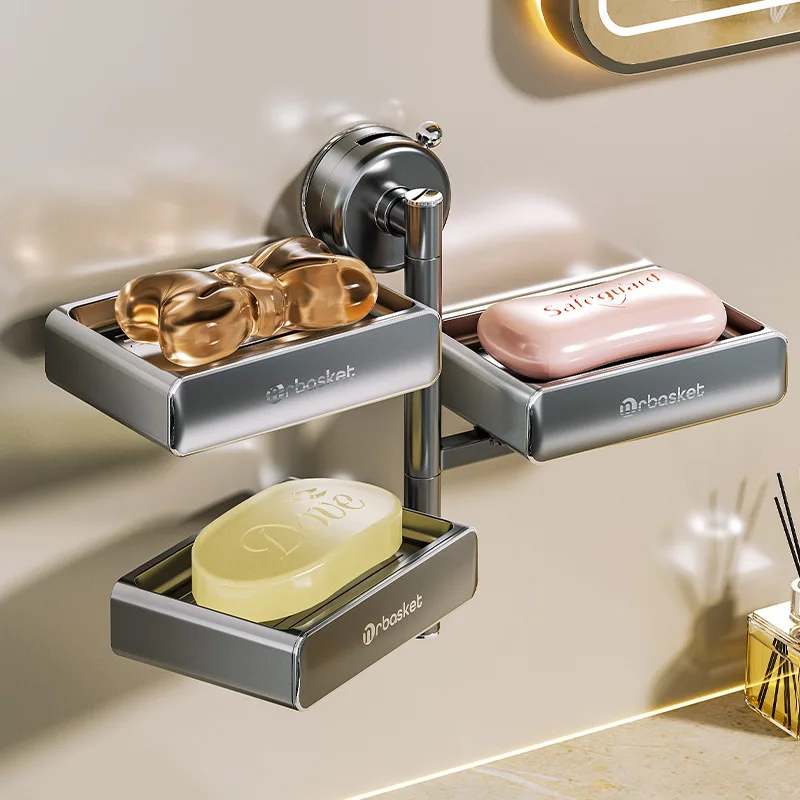 

Wall-Mounted Suction Cup Double-Layer Soap Box Non-Perforated High-End Bathroom Storage Rack PET Stainless Steel Gunmetal Gray