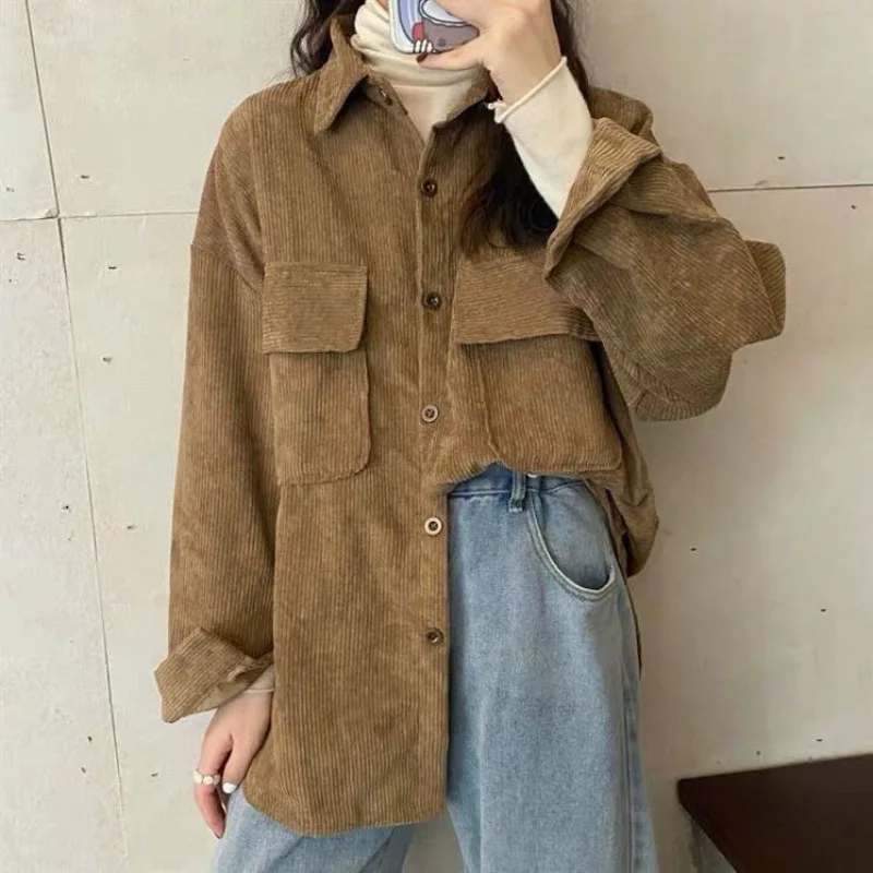 

Рубашки женские, вельветовые, Topa, осень 2021, с отложным воротником, однобортные, с карманами, однотонная свободная верхняя одежда, бойфренд, Harajuku Chic