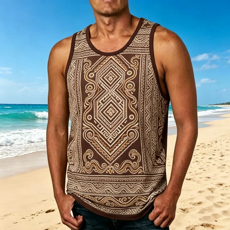 A unique tribal art printed vest for men, suitable for summer vacations, outdoor adventures, beach gatherings, and daily travel