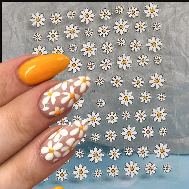 Nail Art Flower Daisy Embossed Stickers Nail Sliders Decals Daisy White Florals Petals Flowers Back Glue Nail Sticker Decoration