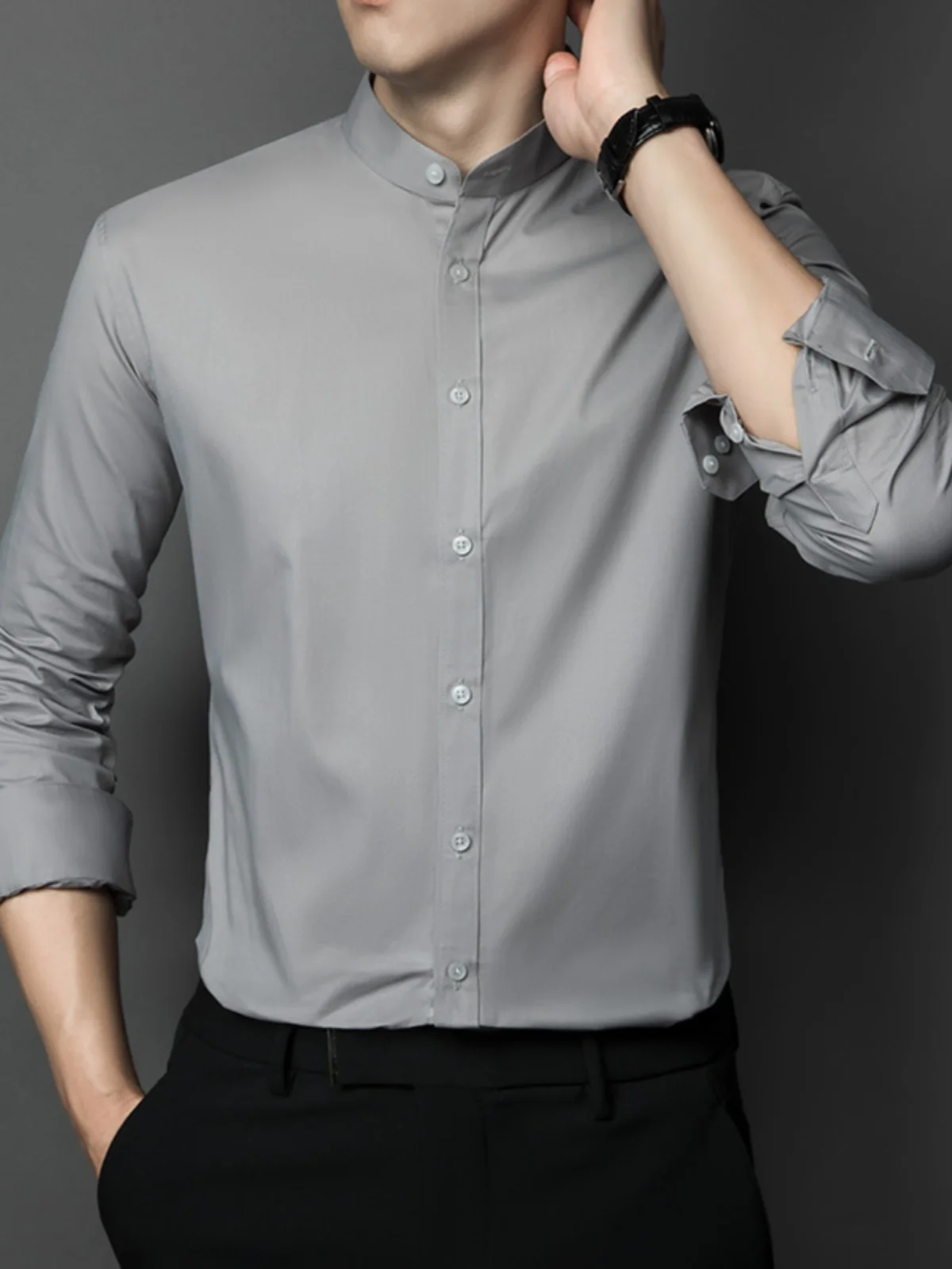 

Casual Long Sleeve Men's Shirt Embroidered Collar Business Style Iron-Free Cotton Bamboo Fiber Blend Fashion Urban Youth Shirt