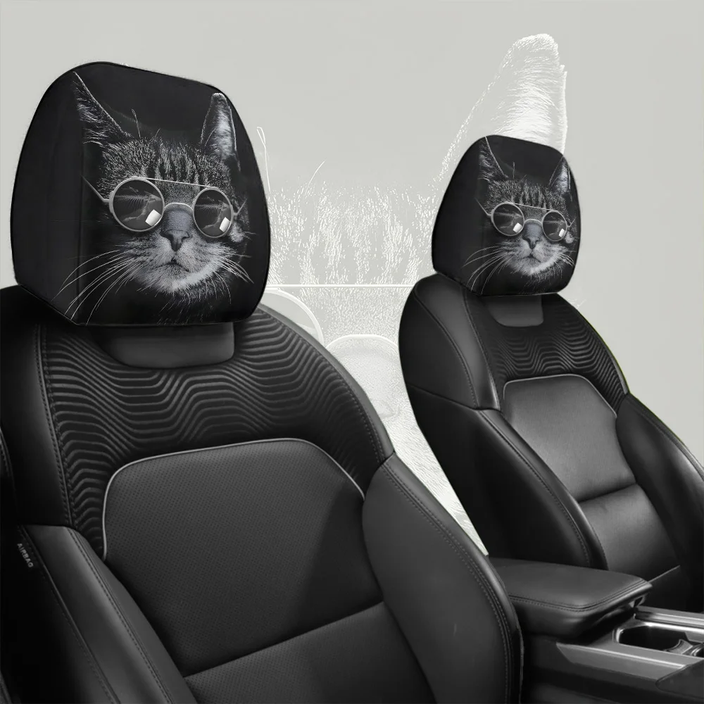 Cool and fashionable glasses cat car headrest cover two-piece set, washable, stretchable, perfect holiday gift