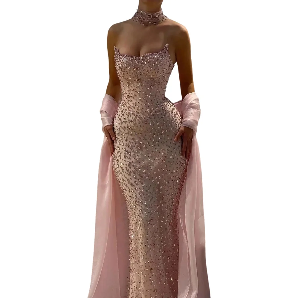 Luxuriöse Abendkleider Rosa Trägerloses Meerjungfrauenkleid Dubai-Kleid Elegante Partykleider Maßgeschneiderte Geburtstags-Hochzeits-Ballkleider