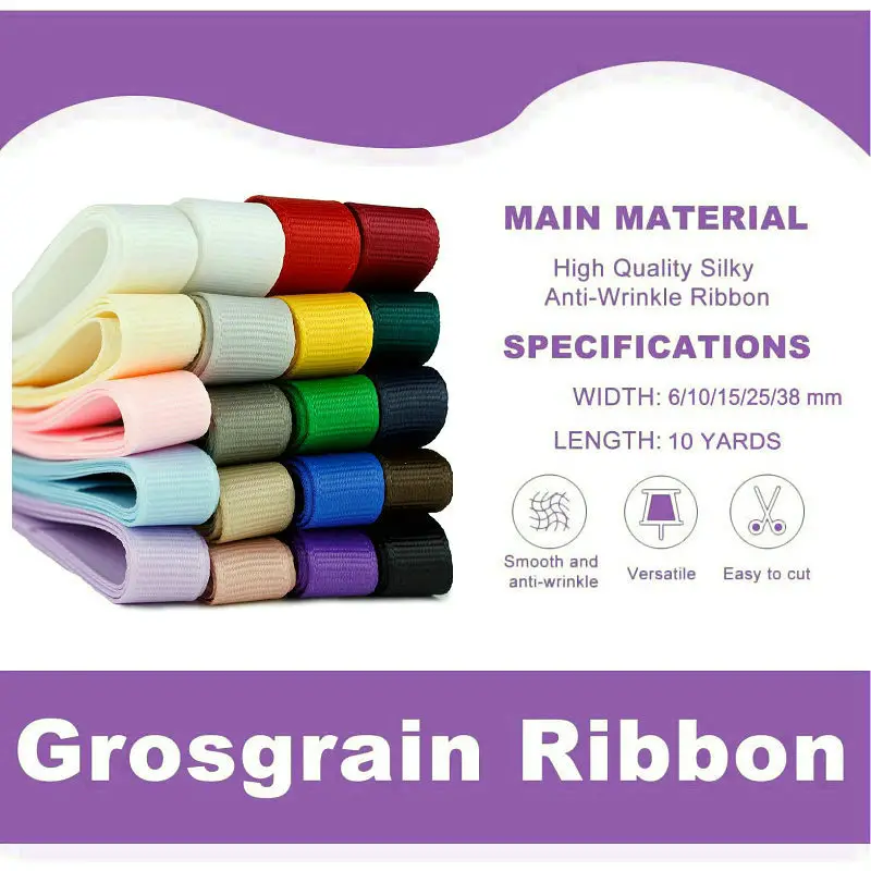 10 Meters Solid Grosgrain Ribbon for DIY Crafts, Gift Wrapping, Wedding Decoration, Polyester Sewing Fabric Hair Bows Wholesale