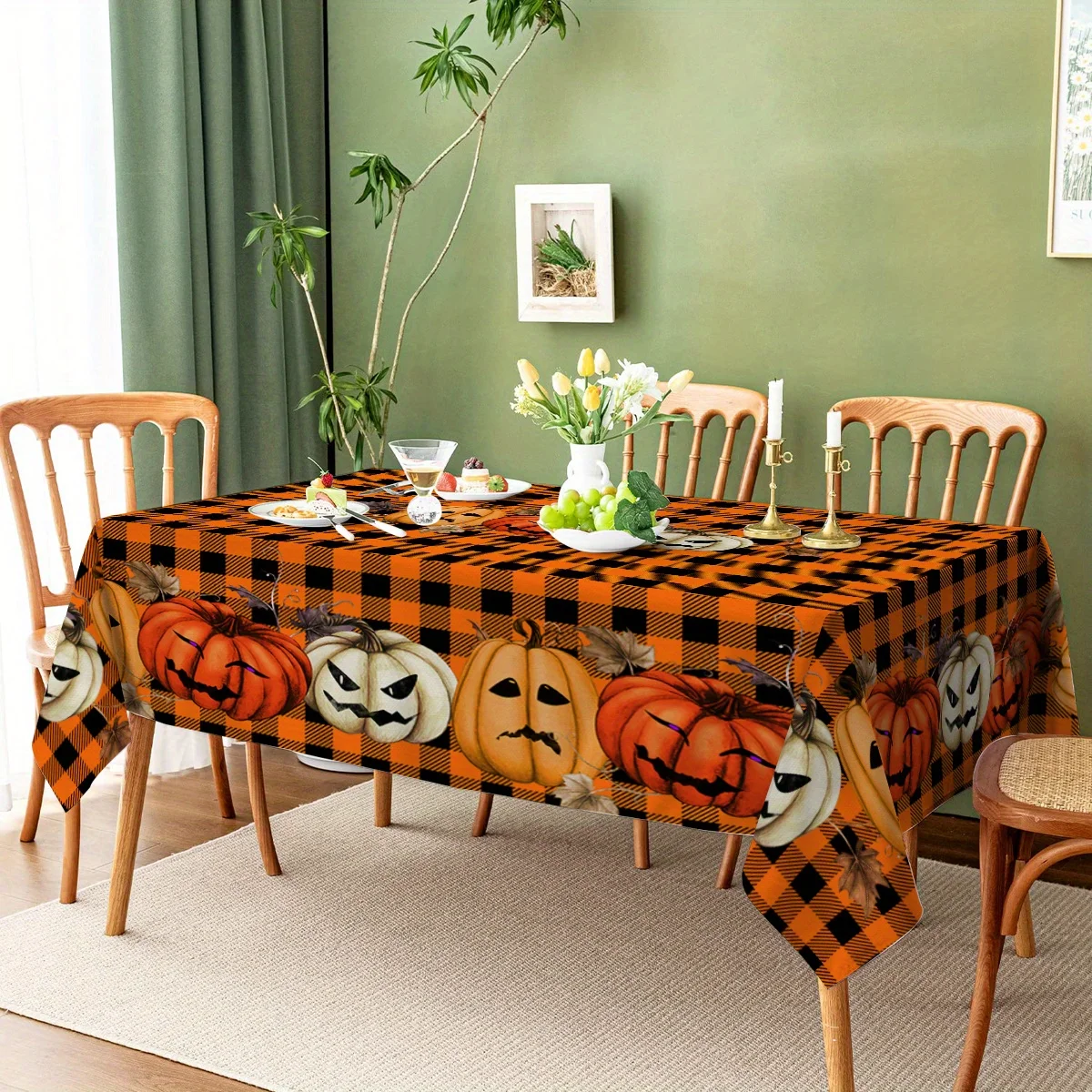 One piece of polyester tablecloth is an ideal choice for Halloween pumpkin kitchen table decoration.zyc
