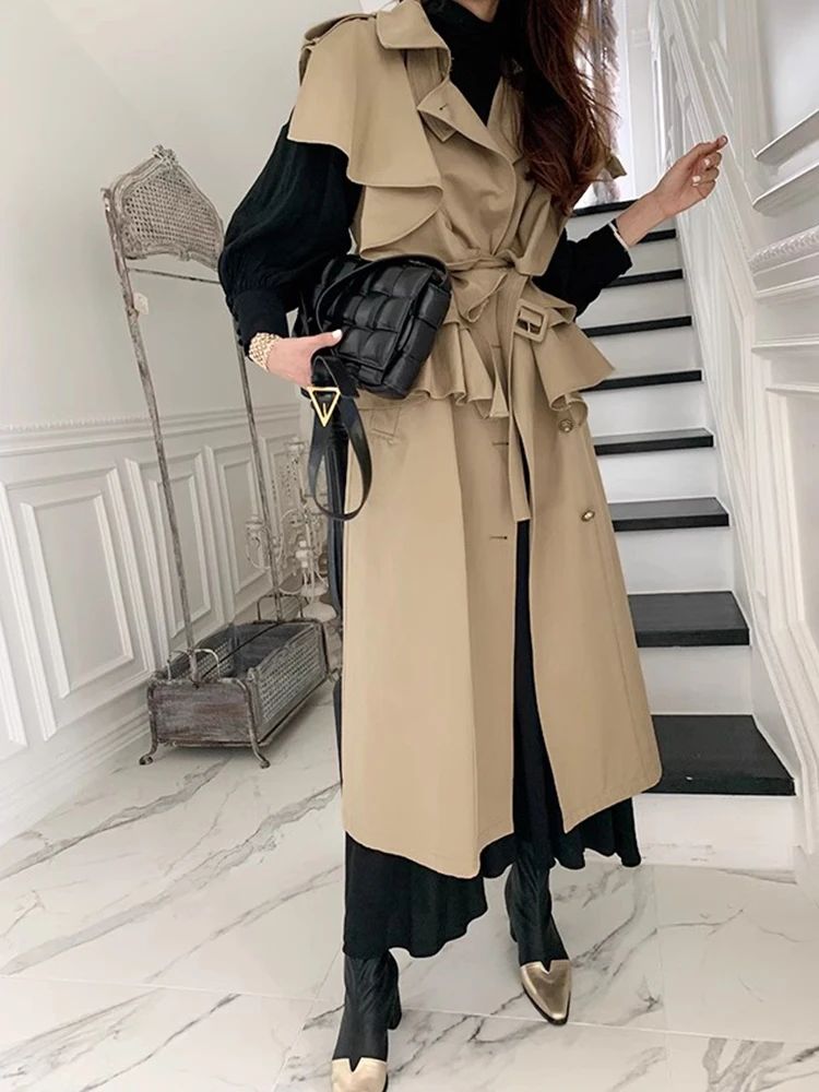 Damski płaszcz trencz, odzież przeciwdeszczowa, blok kolorów, literacki płaszcz wierzchni, na każdą porę roku, szary, krótki, do połowy łydki, gruby, ocieplany polarem, z paskiem w talii.