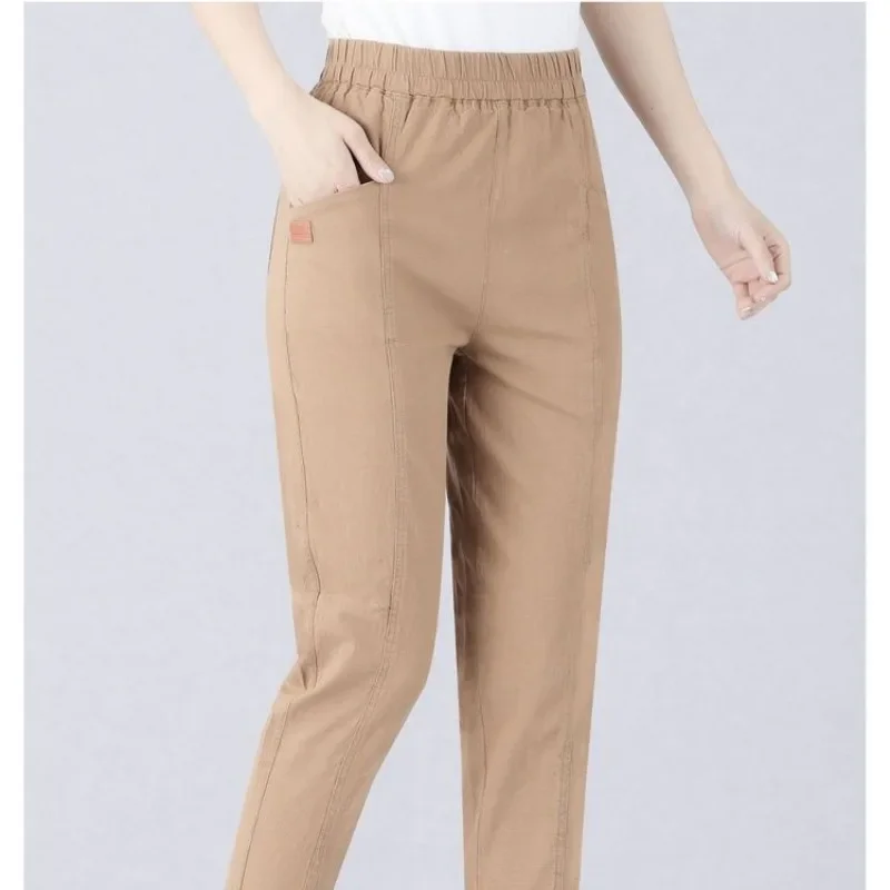 Spring Autumn Women\'s Clothing Solid Color High Waist Pockets Elastic Casual Elegant Trouser Suits Trousers Straight Pants