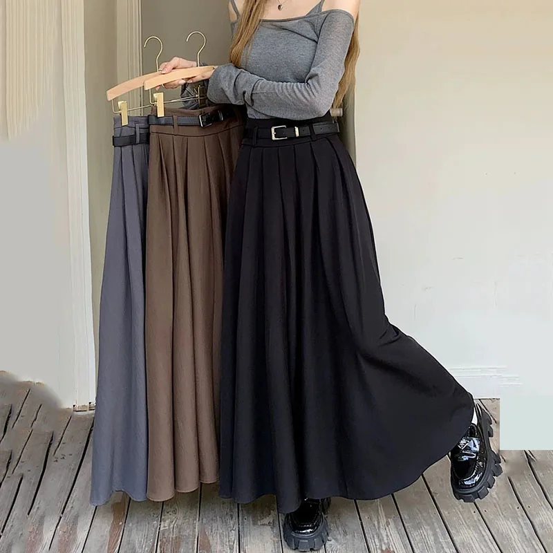 Vintage Plissierte Anzugröcke für Damen Herbst Winter Elastische Hochtaillierte Maxiröcke Damenmode Streetwear Lockerer Langer Rock