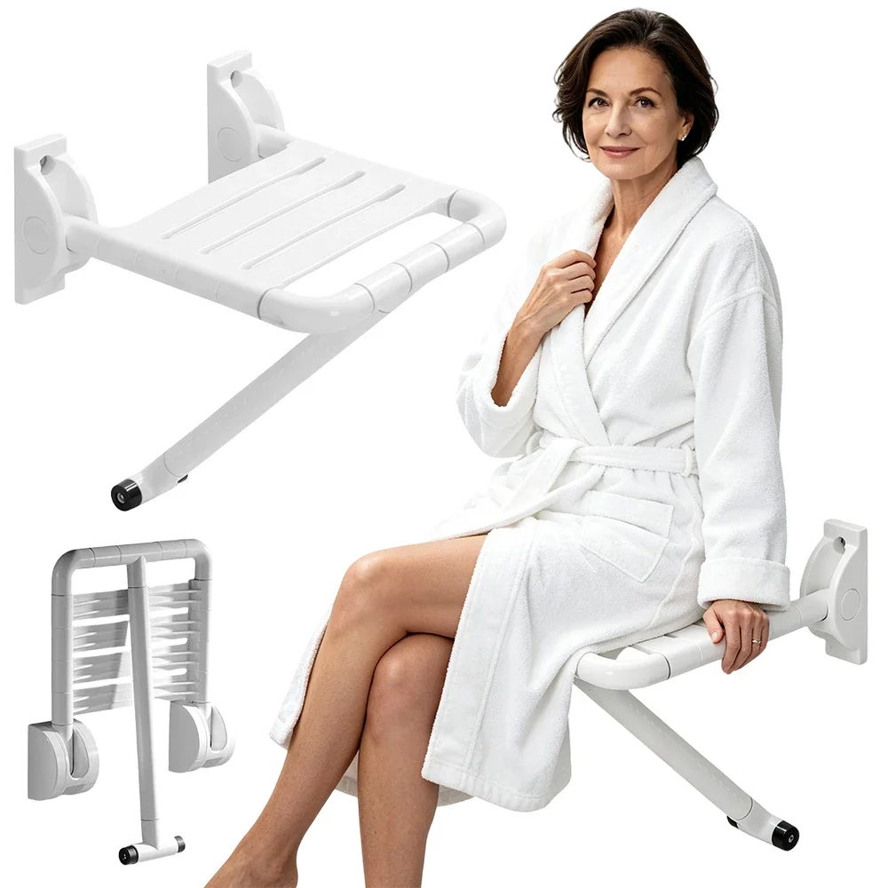Sedia da Doccia Pieghevole a Parete in Lega di Alluminio 35x42x18cm, Carico Massimo 250kg, Struttura Triangolare Salva Spazio in Bagno per Anziani, Uso Domestico, Strumenti Mobili
