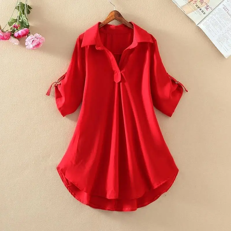 2023 Summer New Fashion Solid Basics Loose Chiffon Blouses for Women Pullovers Polo Neck Short Sleeve Casual Commuter Shirts