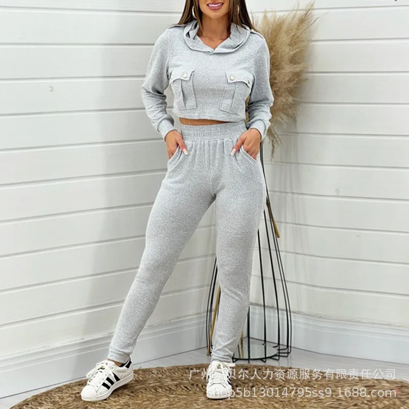 Women's Light Gray Short Tooling Sticky Casual Hoodie Set Slim-fitting Corset Sweatpants