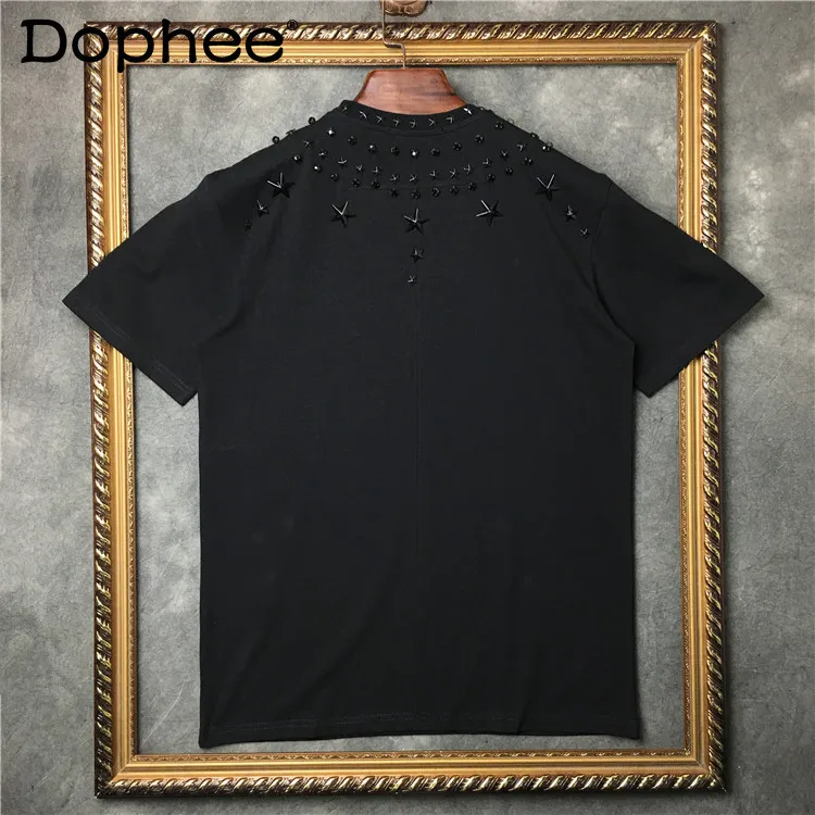 

Summer New Heavy Industry Hot Diamond Rivet Pentagram Round Neck Short-sleeved T-shirt Fashion Trend Fashion Loose Casual Top