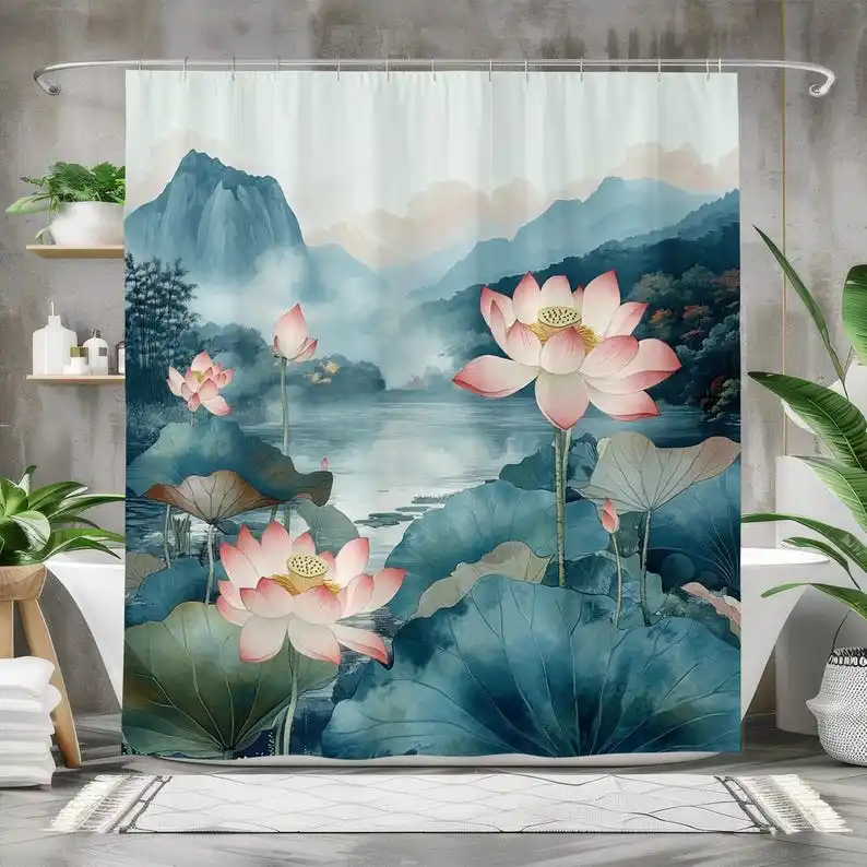 

Lotus Flower Shower Curtain, Waterproof Fabric Bath Curtain, Zen Nature Bathroom Decor, Oriental Lotus Pond Design