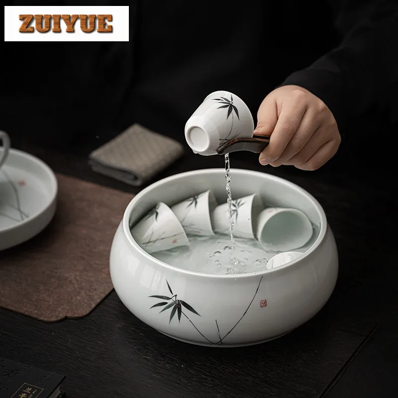 1500ml Hand-painted Lotus Porcelain Jianshui Handmade Tea Cup Wash Barrel Writing-brush Washer Household Chaxi Supplies Craft