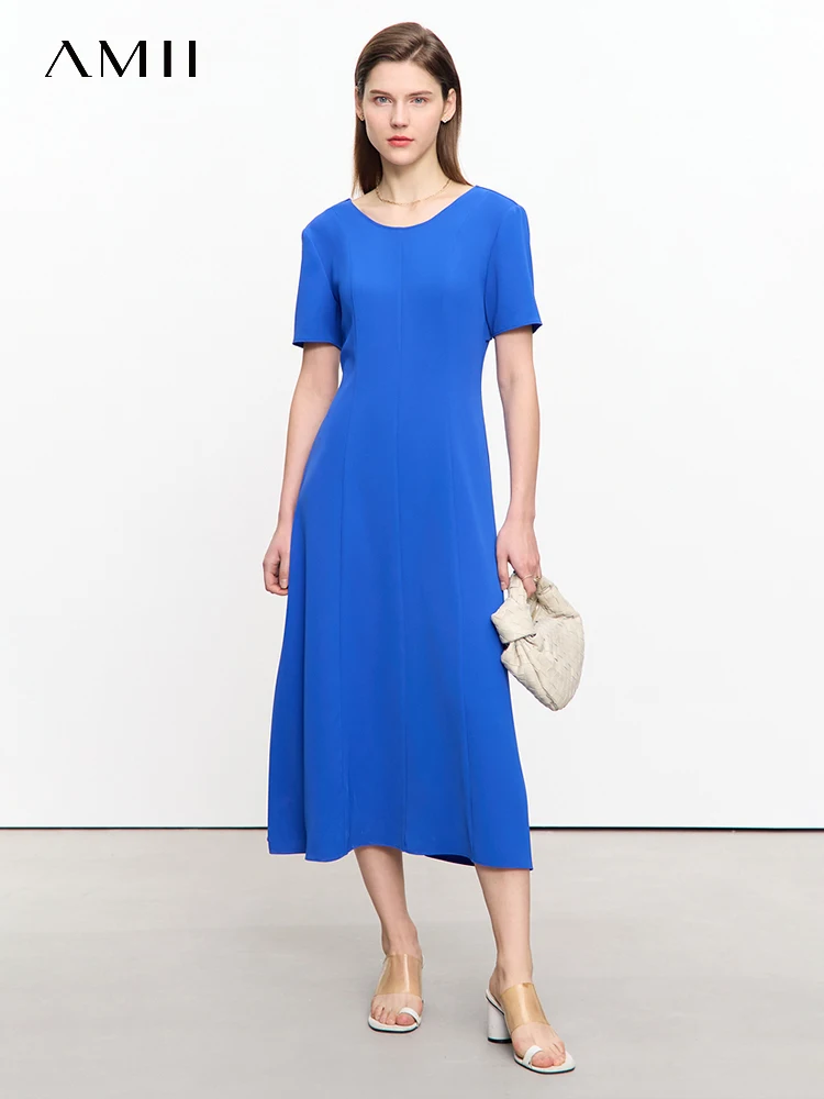 

AMII Minimalist 2023 Summer Women Dresses New Simple Solid Slim-fit Waist O-Neck Hollow Out A-line Chiffon Female Dress 72342024