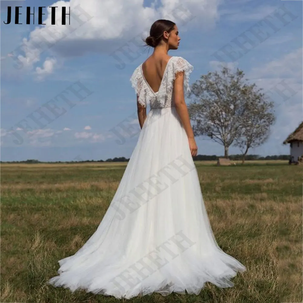 JEHETH Lace V-Neck A-Line Vestidos De Casamento Sem Mangas Backless Tulle Noiva Vestidos de boda para fiestas 2024 Custom MadeJEHETH Lace V-Neck A-Line Vestidos De Casamento Sem Mangas Backless Tulle Noiva Vestidos de