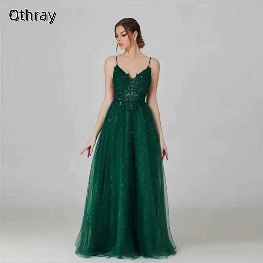 

Othray Spaghetti Straps Prom Dresses Lace Appliques Glitter Tulle Long Formal Party Evening Gowns вечернее платье