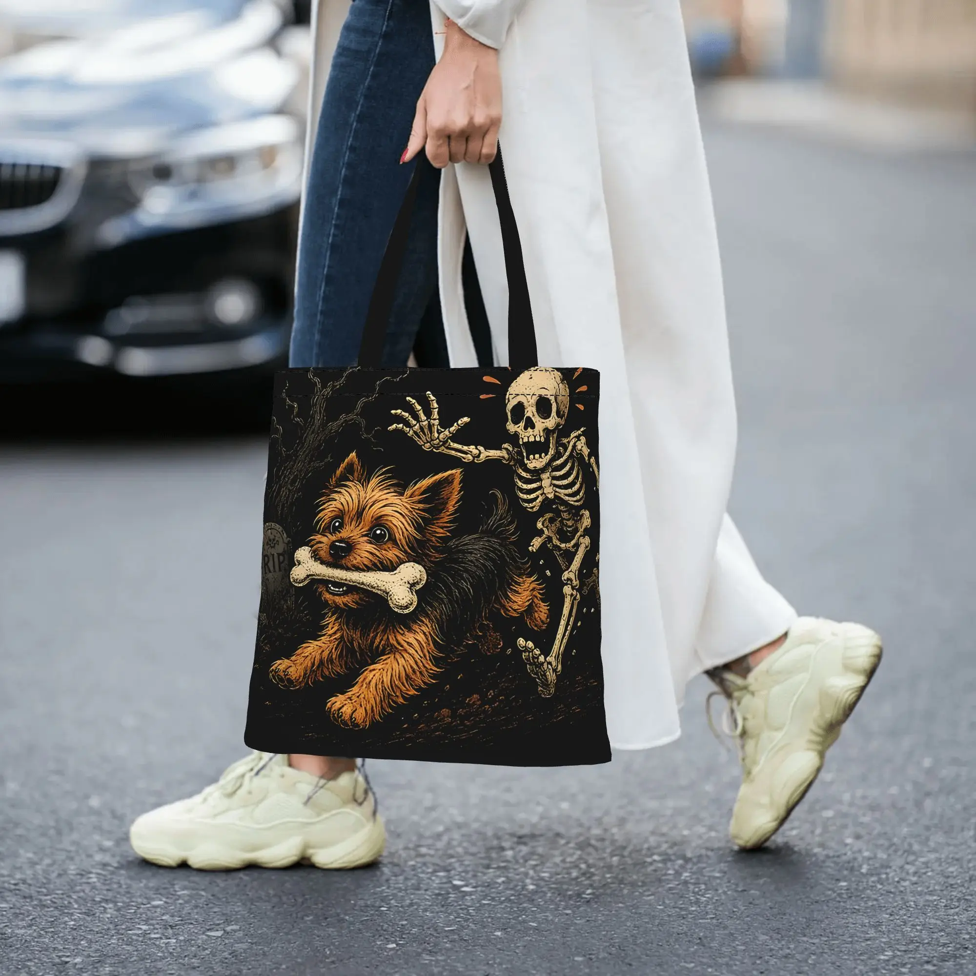 Yorkie Skeleton And Halloween canvas tote bag,  urban style for daily shopping and casual outings