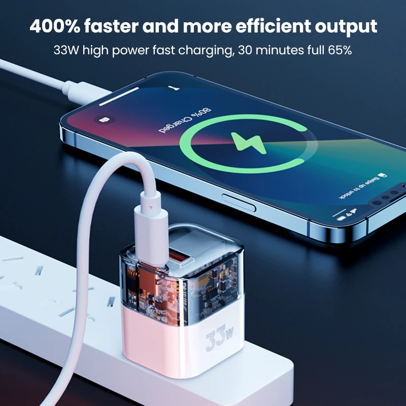 elough USB Charger Transparent Quick Charge 3.0 QC3.0 PD3.0 33W 20W Type C GaN Charger for iPhone 14 13  Samsung Huawei