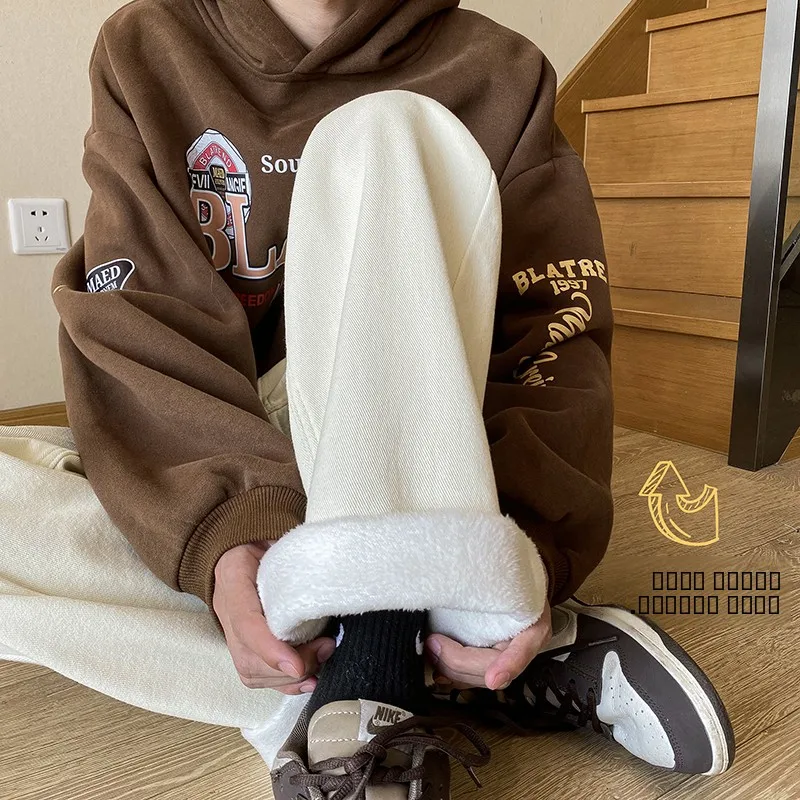 

Мужские джинсы с утолщенной флисовой подкладкой, прямые, свободные, широкие, длинные брюки, зимние, теплые, в американском стиле, ретро, уличный стиль