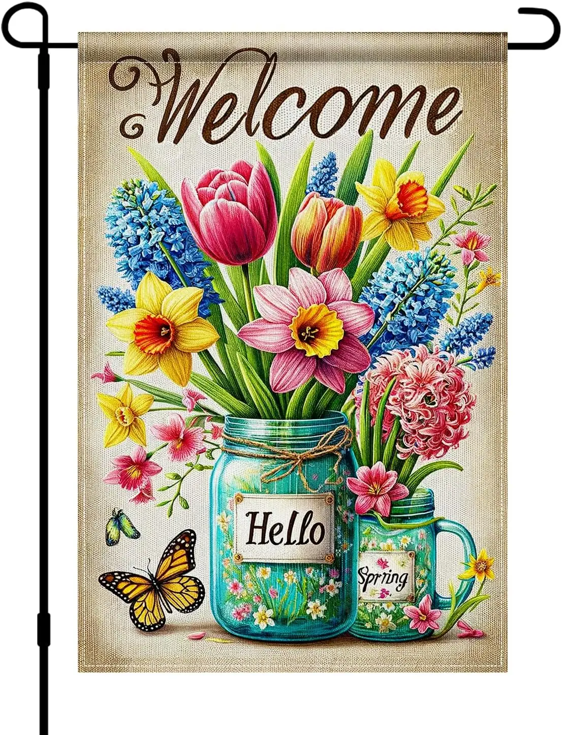BlissYard Welcome Garden Flag 12x18 Inch Double Sided Floral Mason Jar Yard Banner Colorful Spring Flowers Butterfly Rustic  AAS