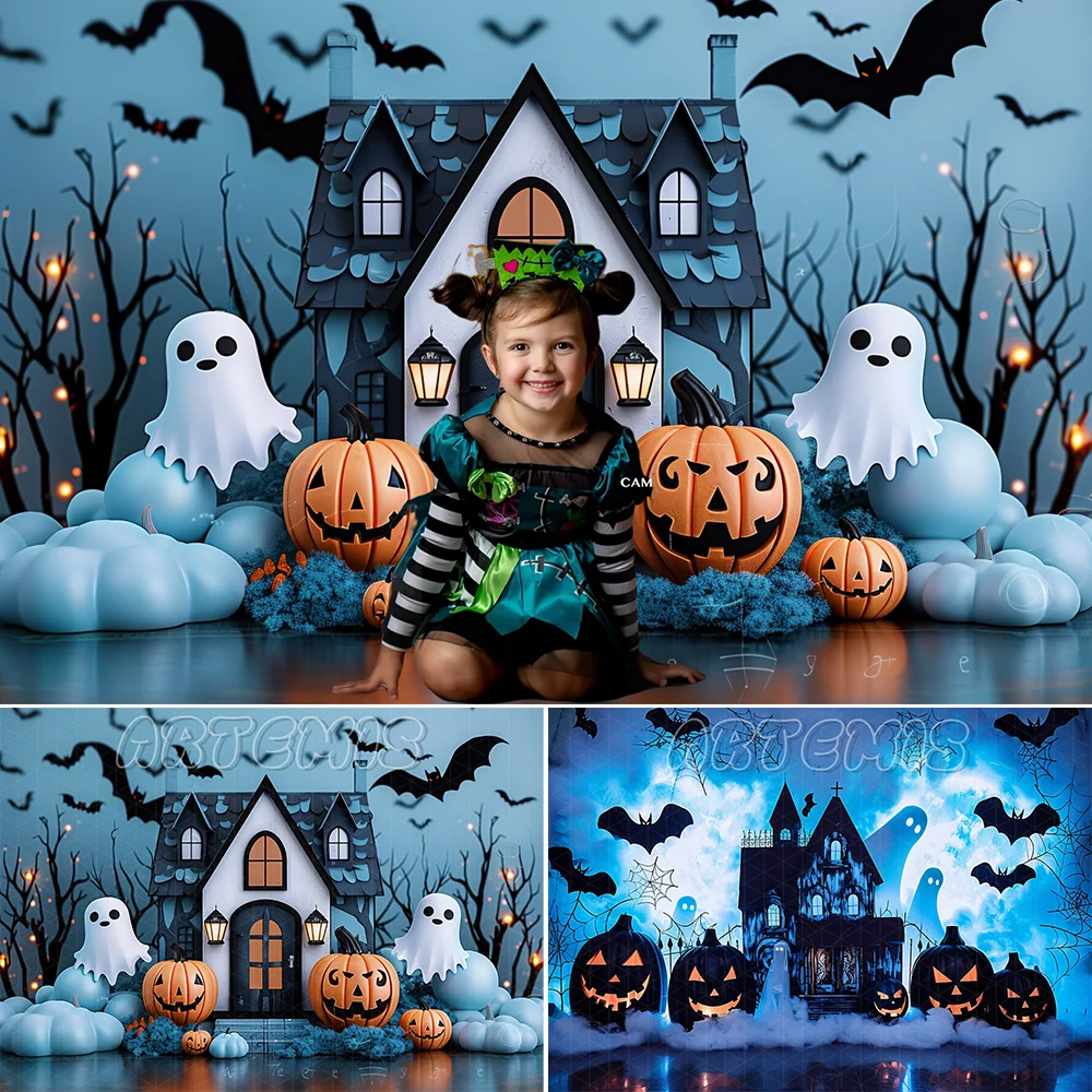 

Halloween Themed Backdrop Cute Ghost Pumpkins Spooky Haunted House Bats Decoration Blue Fall Background Photo Studio Photo-call