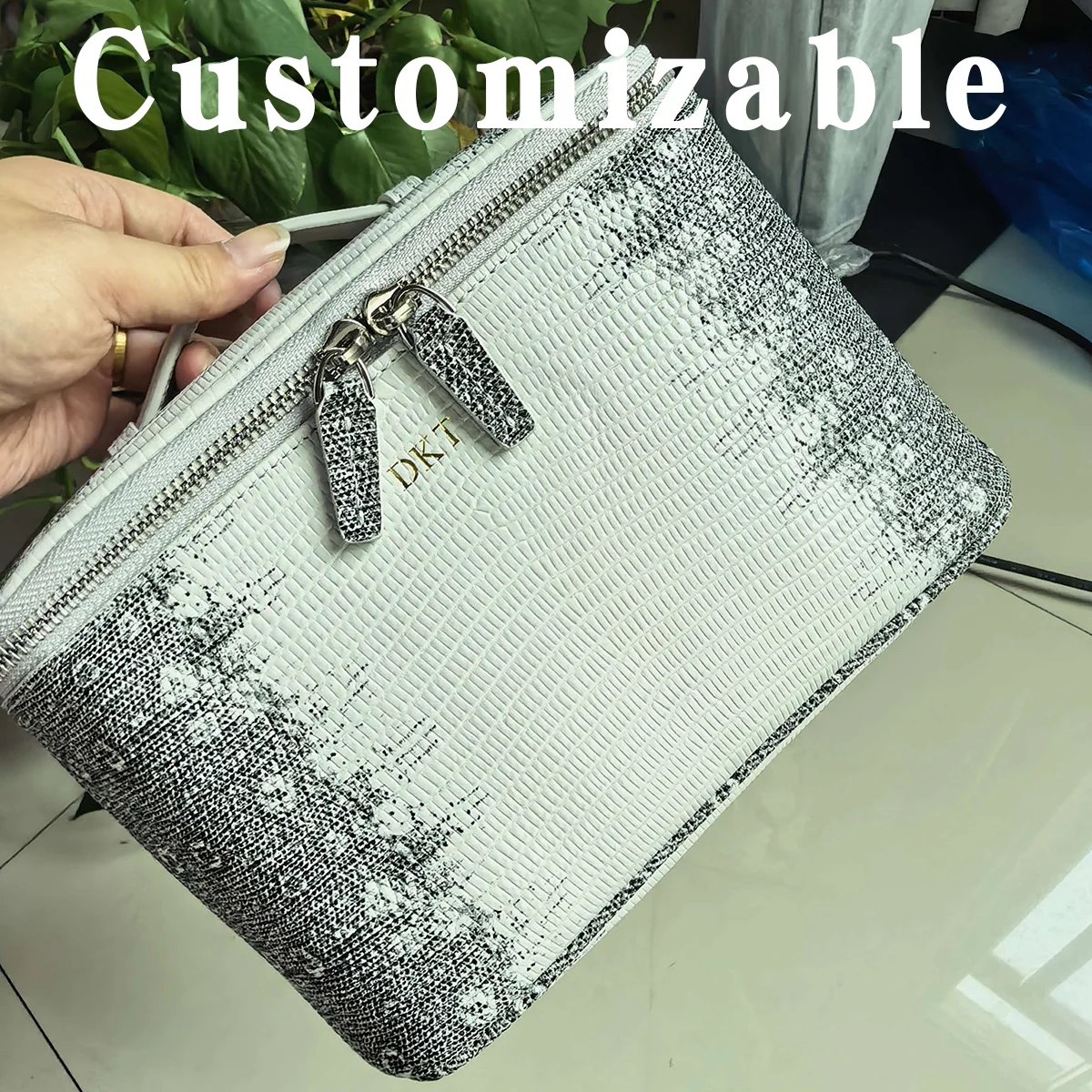Echte Kosmetiktasche aus Leder mit Eidechsenprägung, Reise-Kosmetiktasche für Damen, tragbare Organizer-Tasche, Make-up-Organizer für Kosmetika – Detail 2