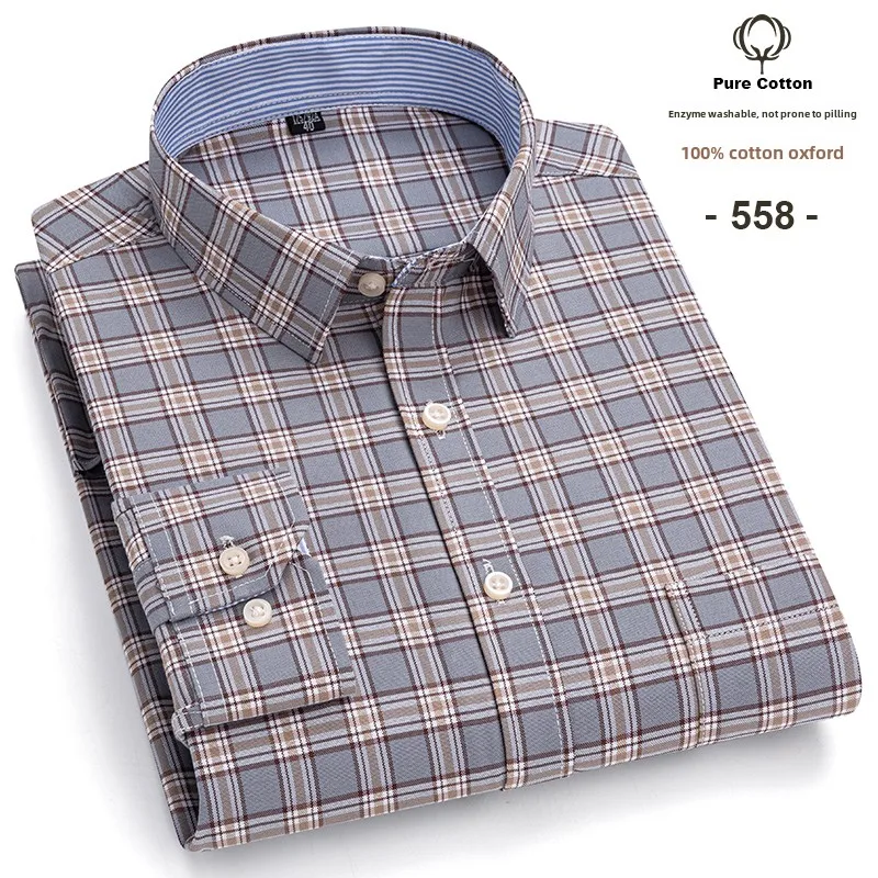 

Men's Social Shirts Long Sleeve 100%Pure Cotton Oxford Buttoned Plaid Formal Male Casual Clothes Oversized Shirt Plus Size S-7XL