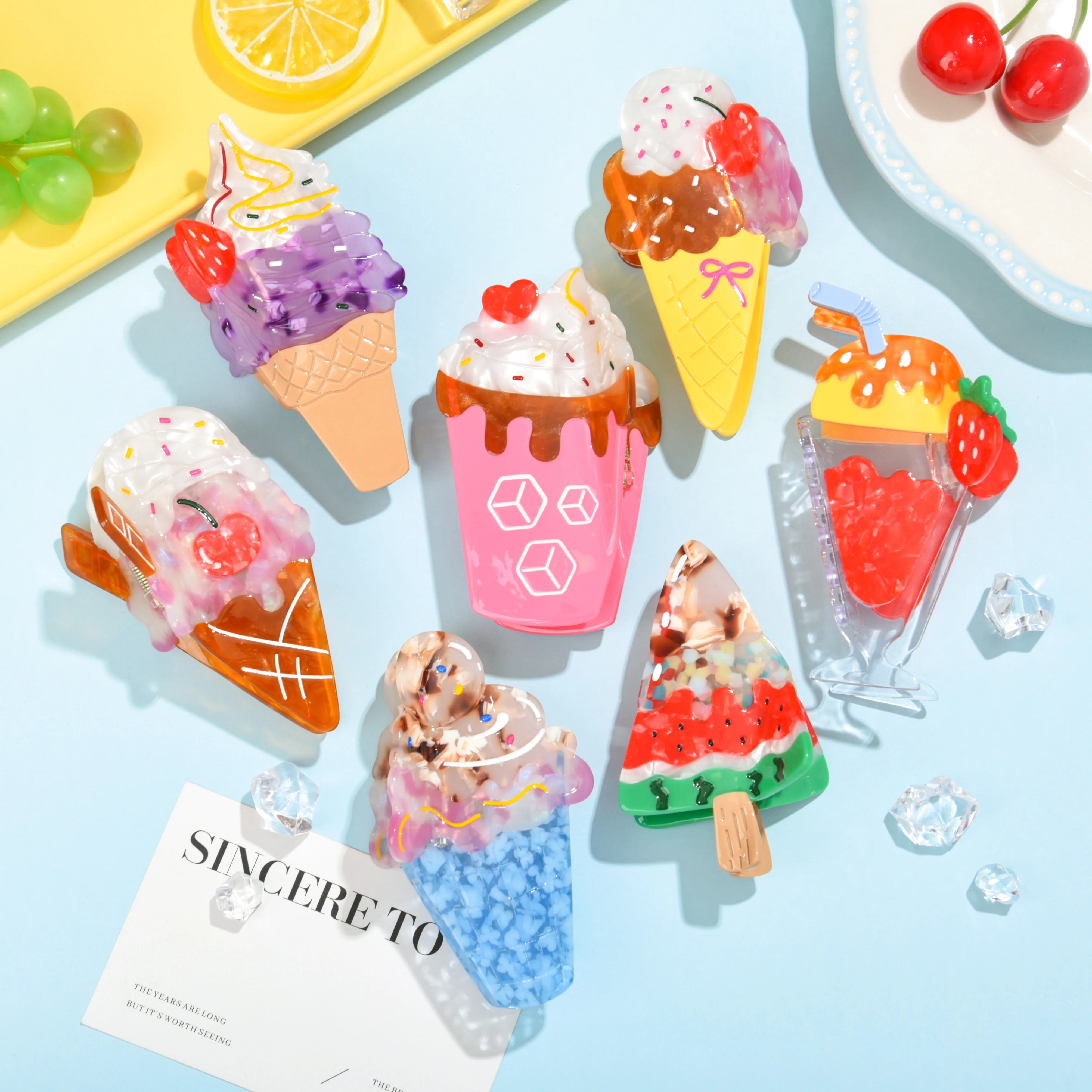 

YHJ NEW Summer Ice-cream Hair Claw Funny Acetate Claw Clip Delicious Watermelon Crab Hair Clips Hair Accessories for Women Girls