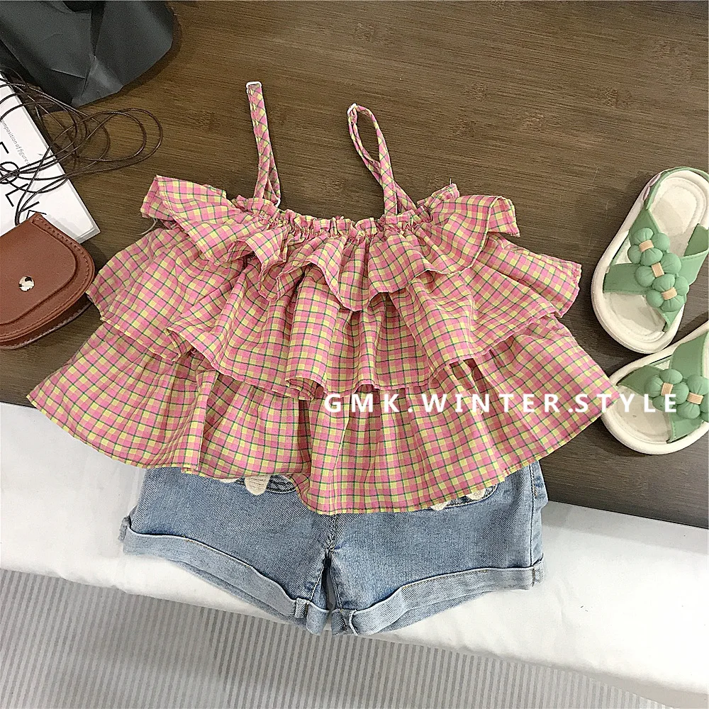 Girls' Summer Suit Girls' Pink Grid Ruffle Edge Suspender Top Casual Foreign Denim Shorts Fashion Casual